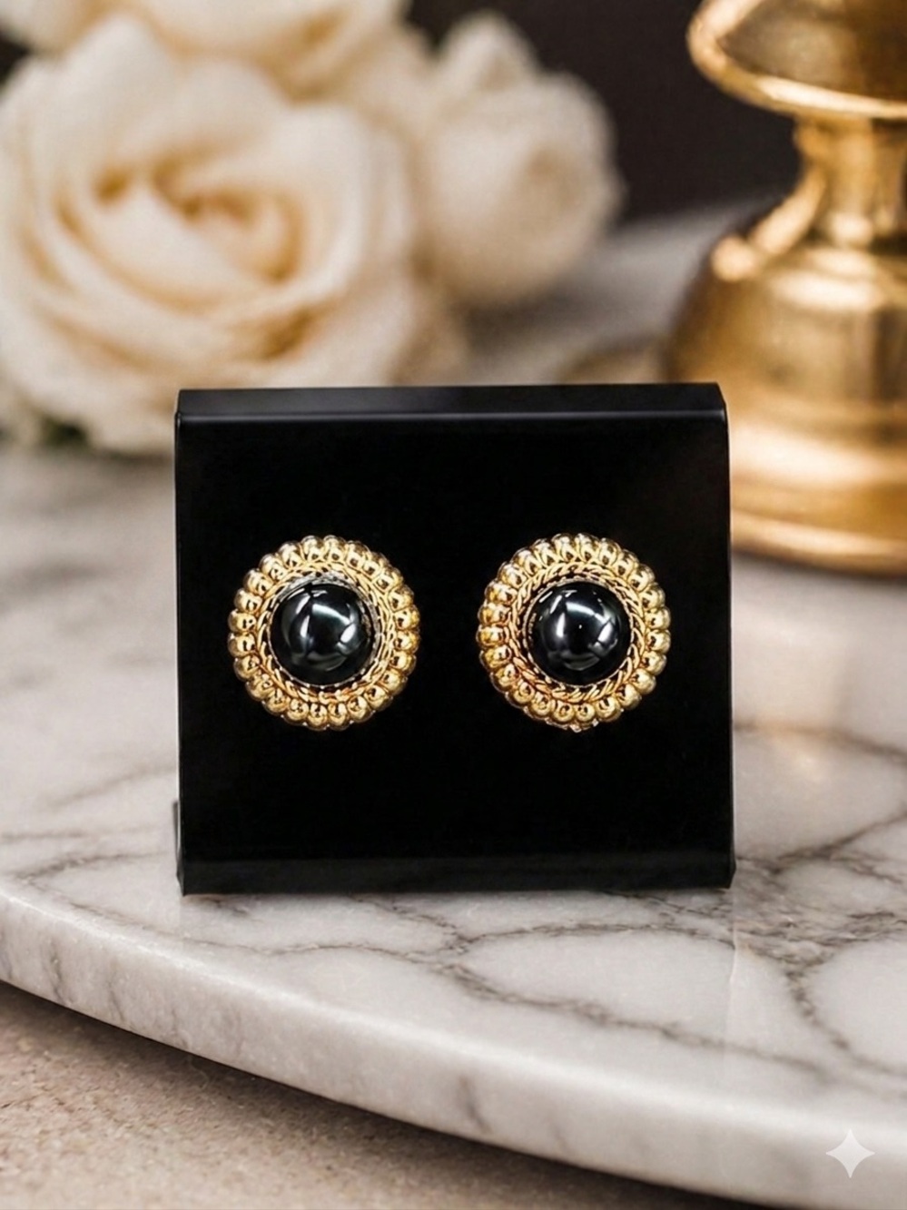 Vintage Monet Gold-Tone Filigree Stud Earrings with Black Cabochons